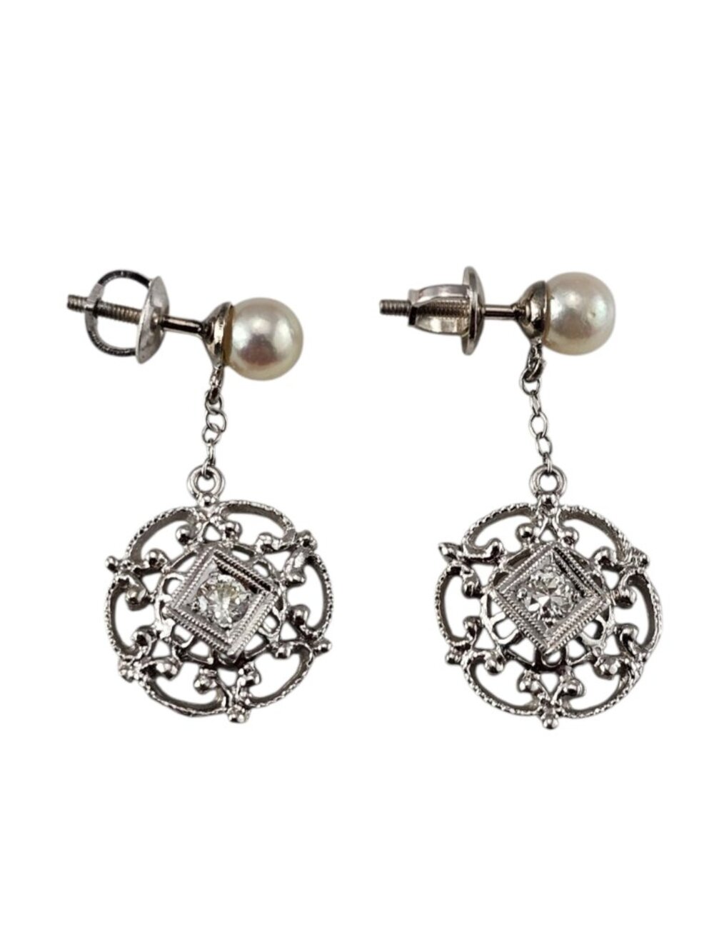 14K White Gold Pearl and Diamond Dangle Earrings #25406